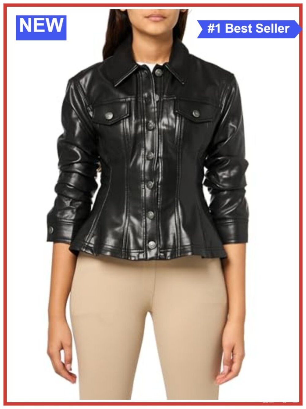 Vegan Leather Button-Down Fit and Flare Collared Jacket Long Sleeve